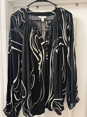 Nine West Black and White Abstract Tie-Neck Blouse